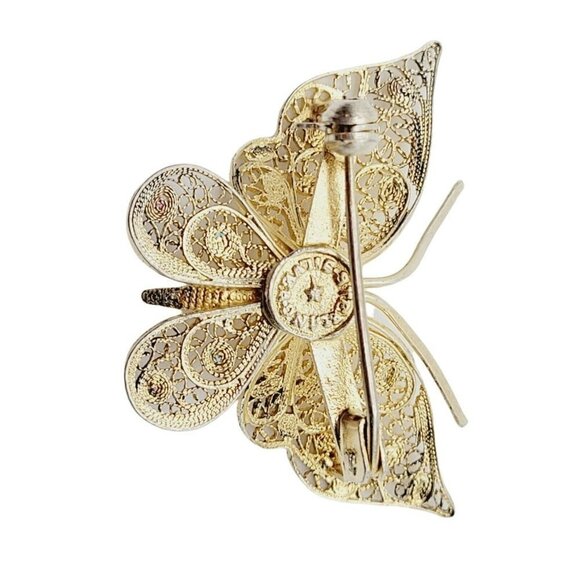 Vtg Filigree Sterling Silver W/ Gold Vermeil Butterfly Brooch Delicate Ornate - Picture 5 of 8